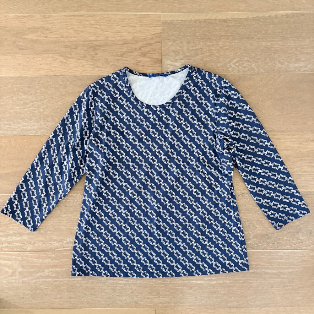J. McLaughlin Women’s 3/4 Sleeve Catalina Cloth Navy Blue Chain Top Blouse XL